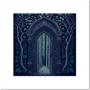 Arched door in a forest with trees. Posters and Art